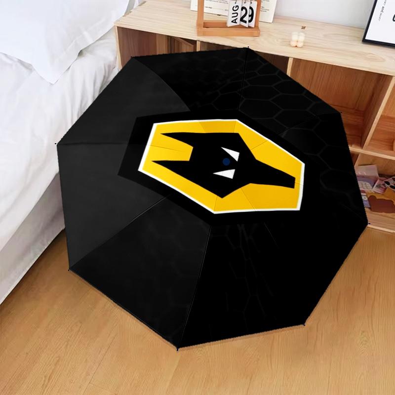 1 Stück Wölfe Fußballclub Emblem Aufdruck Regenschirm Klappschirm, Automatikschirm 8-Rippen für Reisen, Camping Fan Geschenke Weihnachtsgeschenke