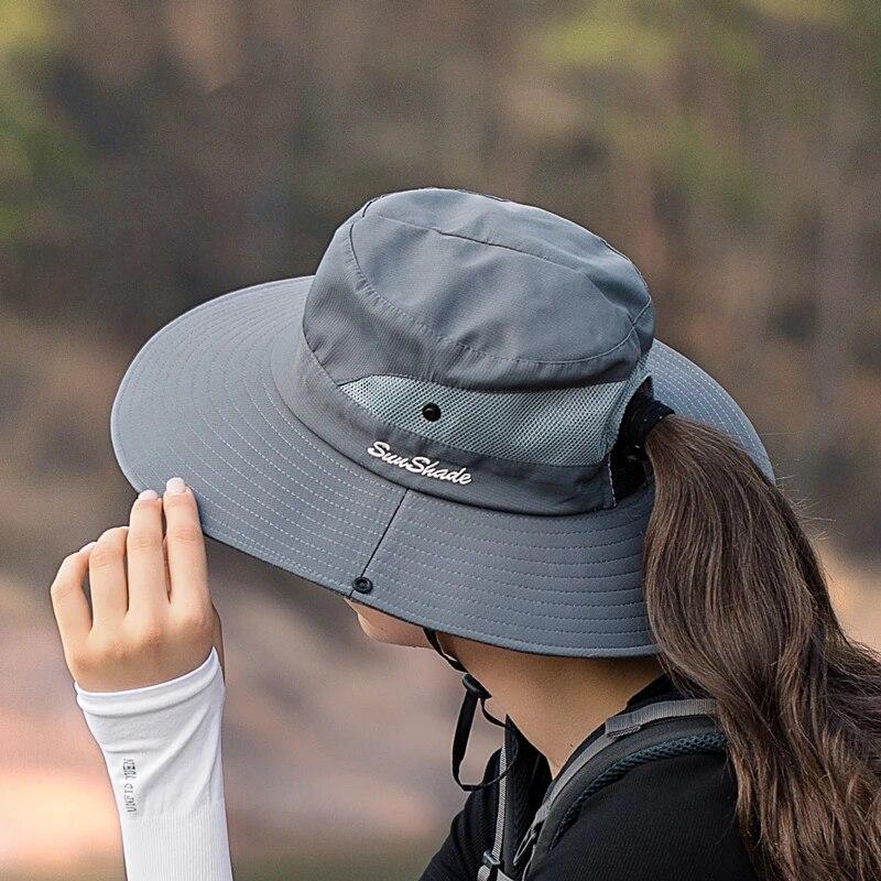 100% Polyester 9002 Summer Outdoor Sun Hat, Breathable Sun Hat, Folding Sun Hat, Female Ponytail Hole Fisherman Hat