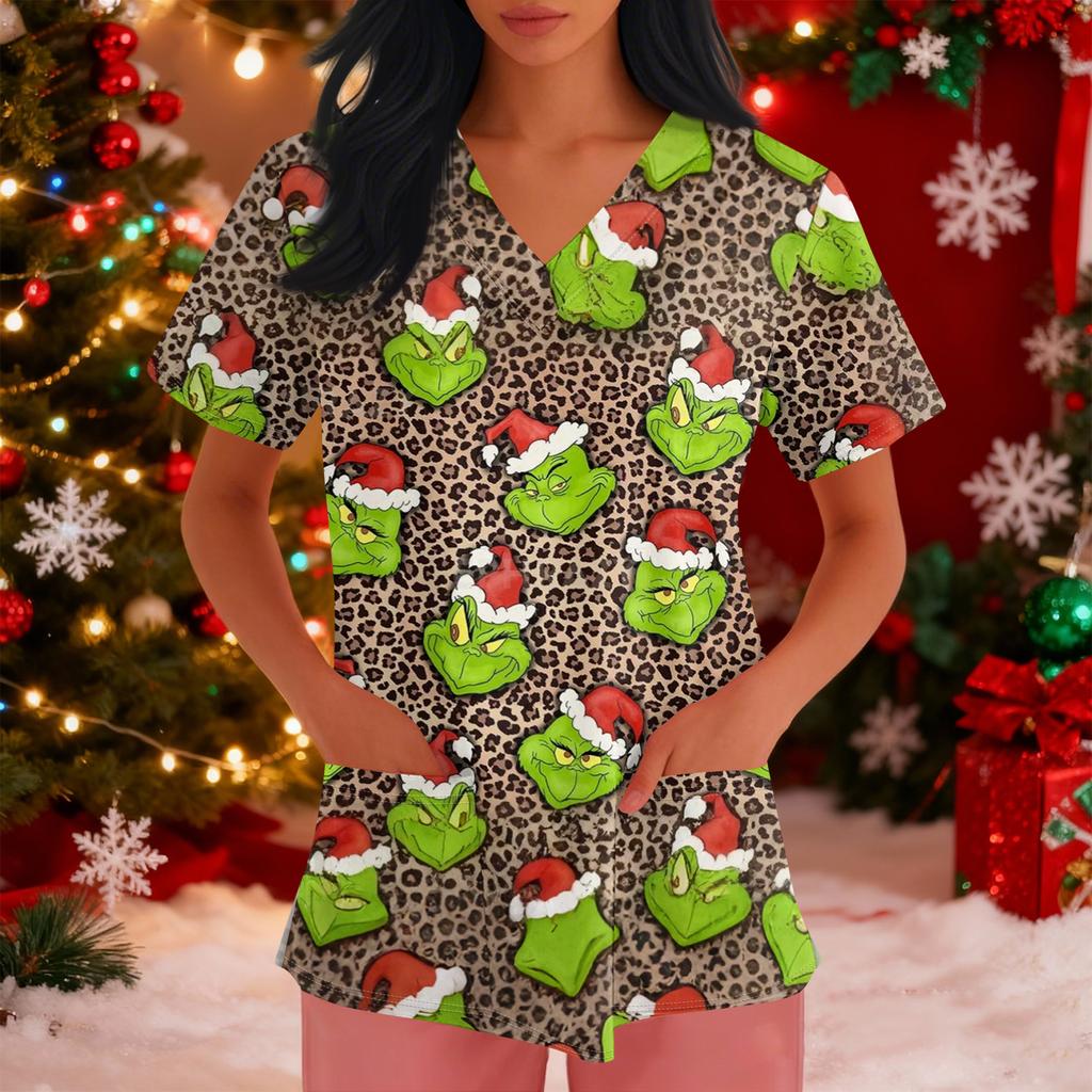 Women's Loose Short Sleeved Fashionable Tooth Pattern Printing V-neck Buttonable Side Slit Top T-shirt