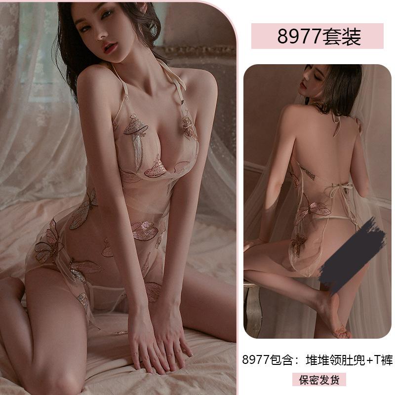Yiyue erotic underwear sexy pure desire belly pocket stacked collar mesh see-through pajamas large size uniform set 8911