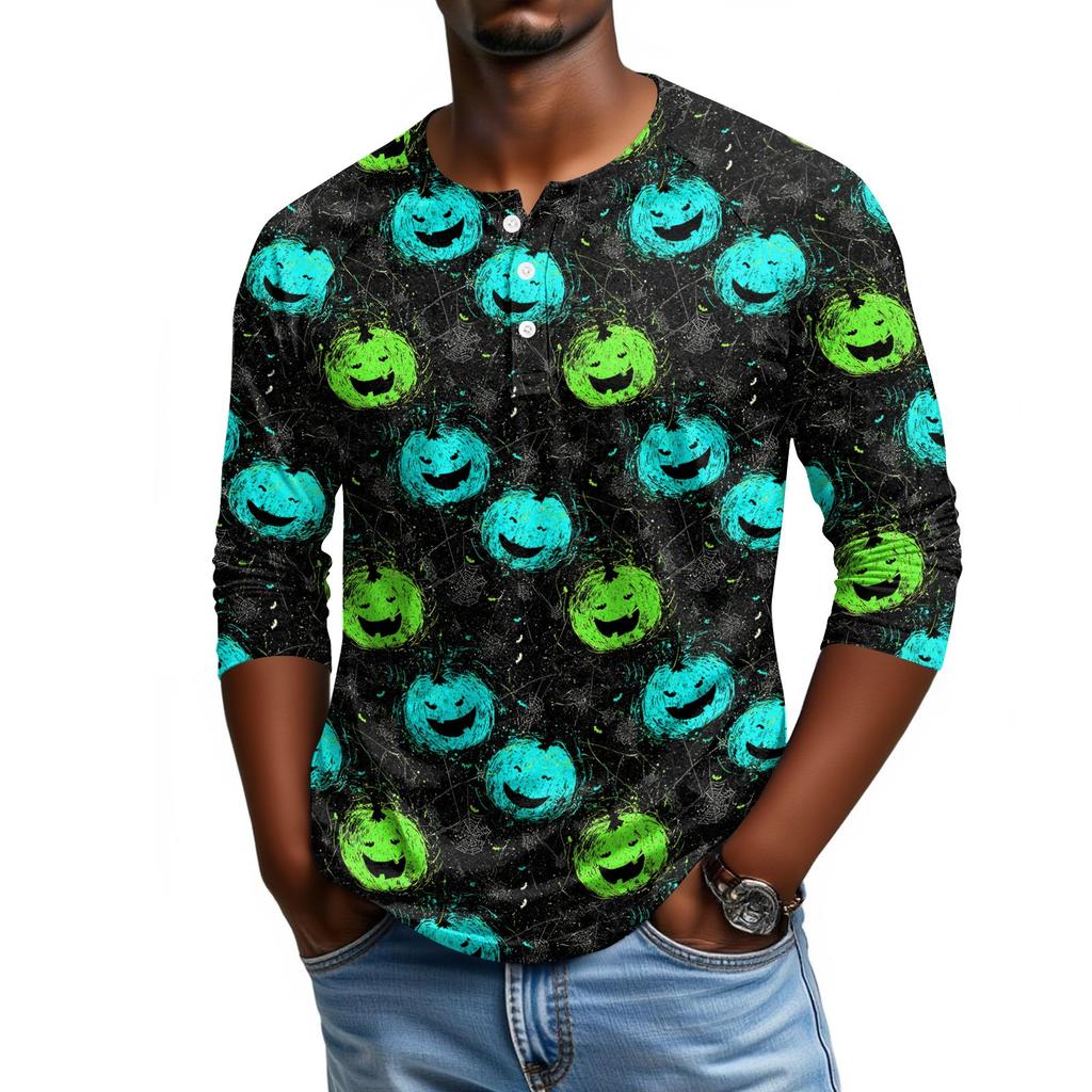 Men Casual Halloween Print Henley Shirt Raglan Sleeve Three Quarter Length Button Front Top for Fall Seasonal Wear