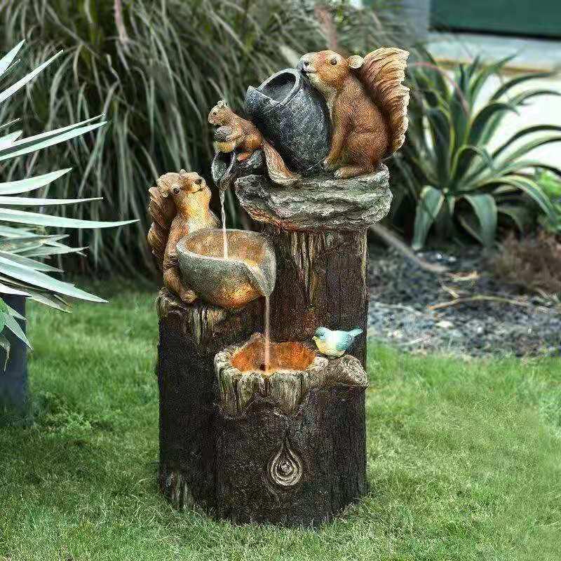 Resin Duck & Squirrel Solar Garden Water Feature Statue