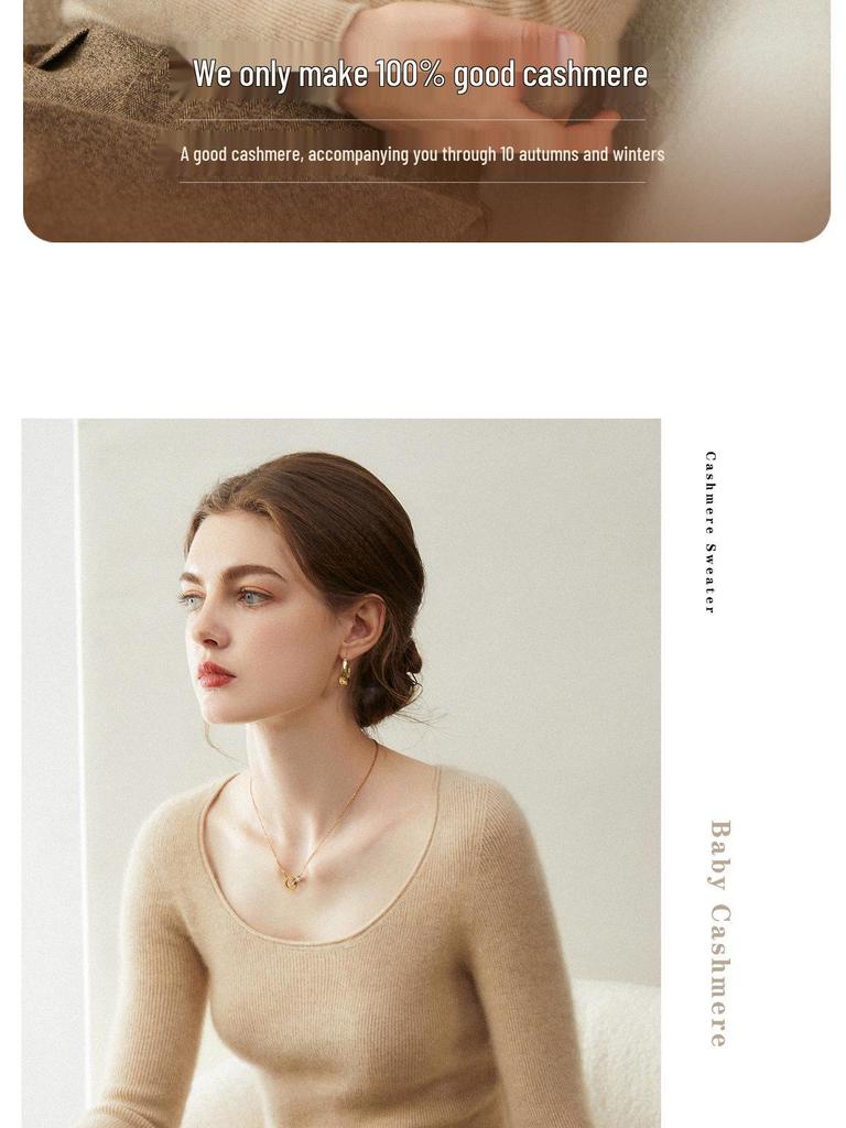 Women's Slim-Fit U-Neck 100% Cashmere Sweater - Low Round Neck Knit Base Layer