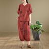 2026 Ethnic Style Tencel Linen Embroidery Women's Plus Size Summer Suit: Loose Slimming T-shirt + Pants Set