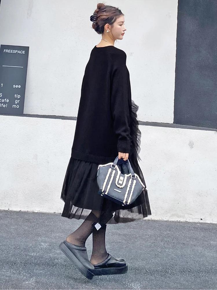 Xitao Patchwork Mesh Falten O-Ausschnitt Einfarbig Damen Kleid GMM1115