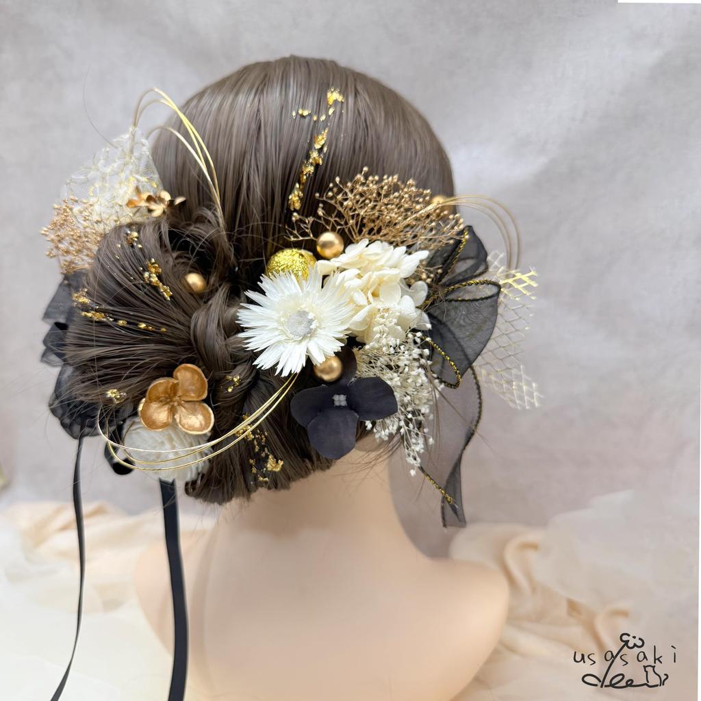 Hair Accessory for Coming-of-Age Ceremony, Pre-wedding Photoshoot, Silver Daisy, Sola Flower, Hydrangea, Ribbon, Mizuhiki (decorative Cord), Berries,