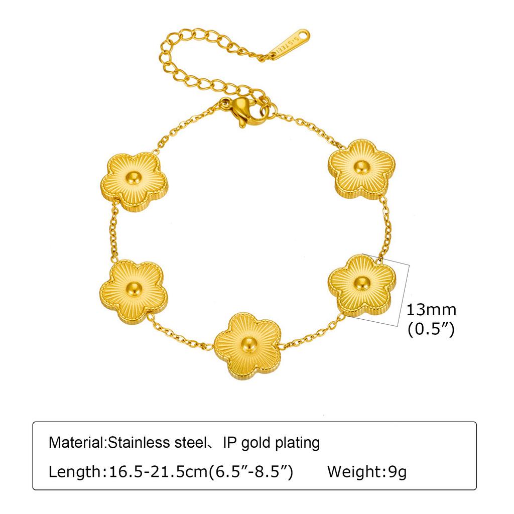 Women Flower Charms Bracelet 18K Gold Plated, Stainless Steel Lucky Flower Link Wrist Jewelry Birthday Gift