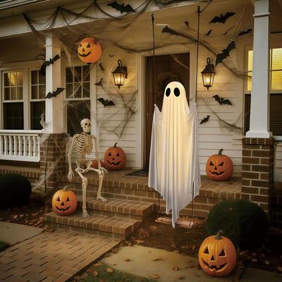 Halloween Adjustable Ghost Decorations LED Lighted Swing Pendant Battery Powered Cute White Ghost Swing for Porch Yard Trees