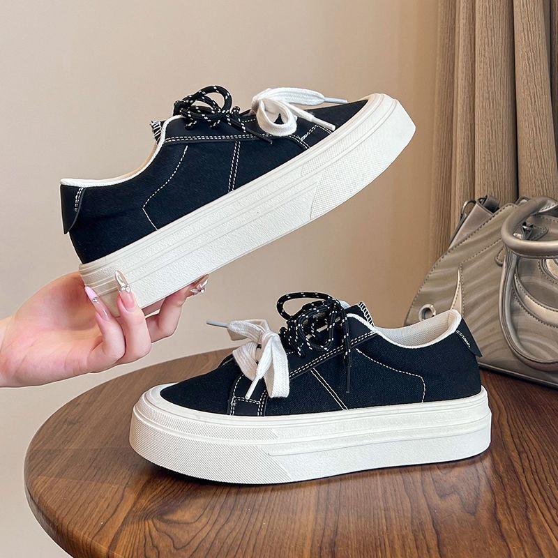 2025 New Black Canvas Shoes for Women's Autumn Korean Version of Students Platform Shoes Versatile Casual Campus Wind Shoes for Women