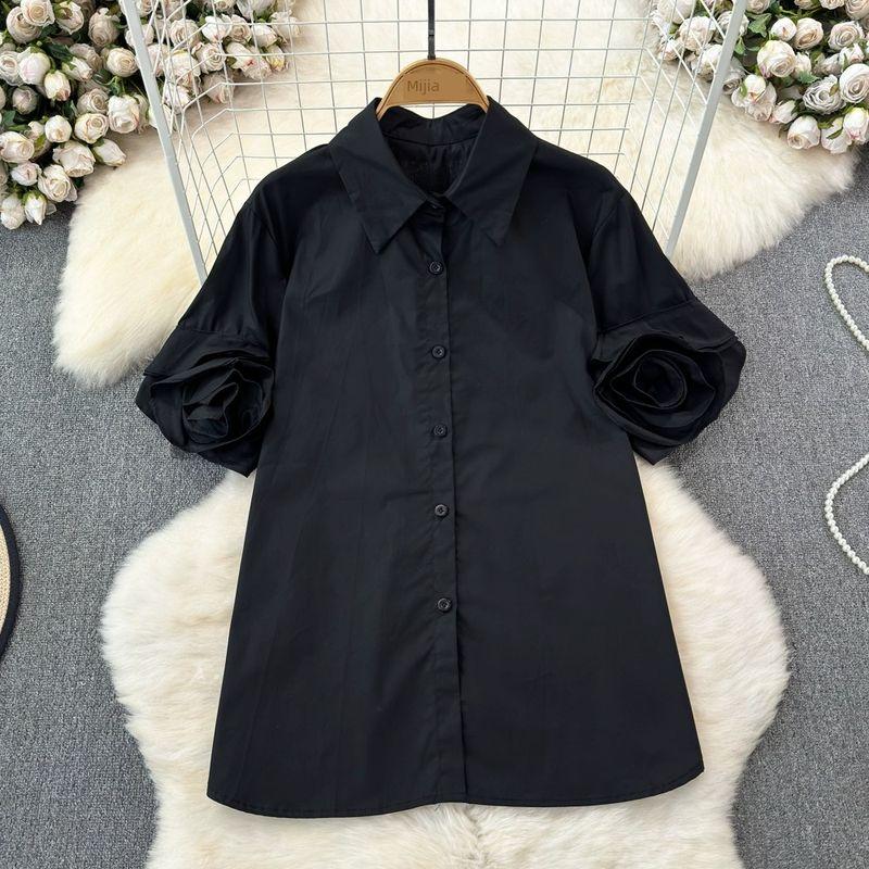 

Spring and Summer European Goods Short Sleeve Lapel Single Breasted Pure Color Flowers Black One size