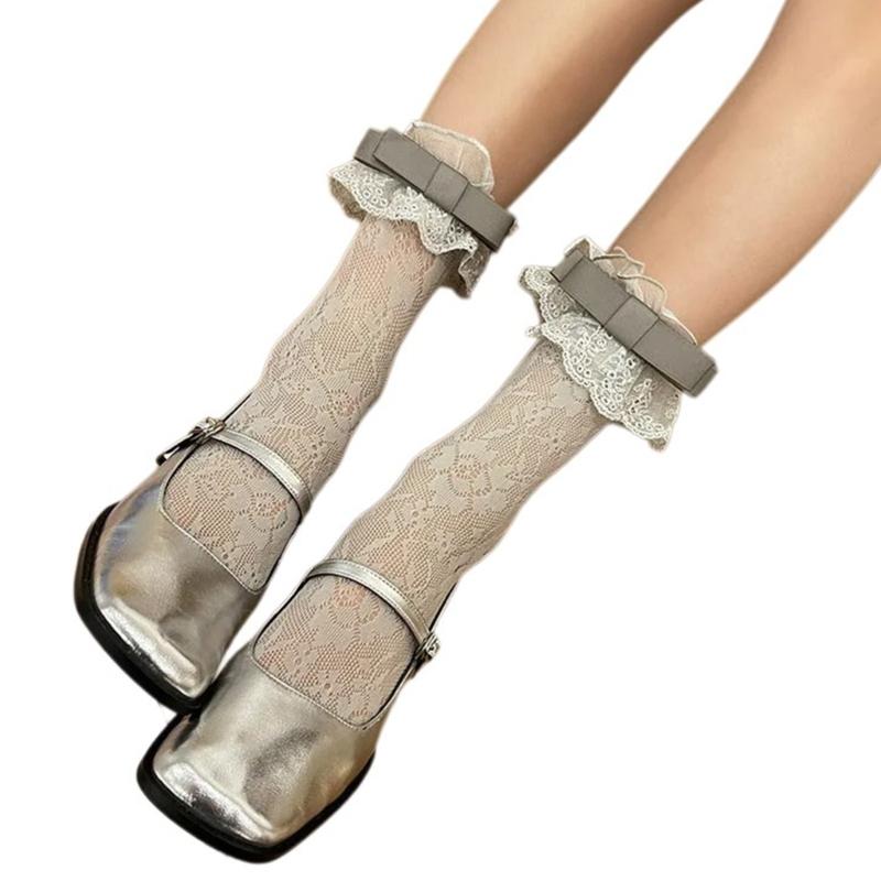 Women Japanese Style JK Girl Flower Lace Ruffle Frilly Ankle Socks Sweet Bowknot Elegant Student Middle Tube Dress Socks