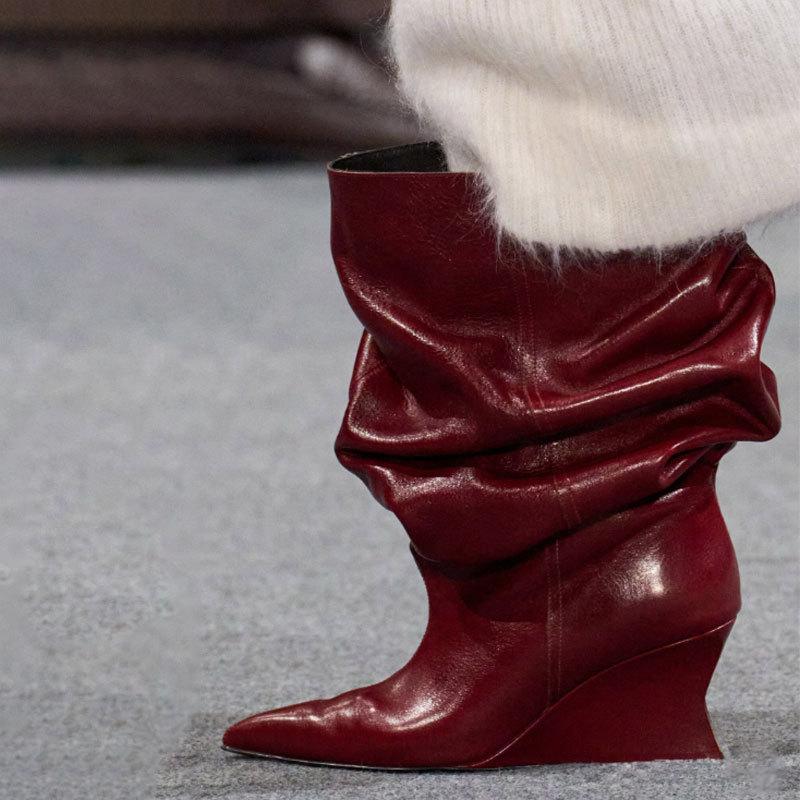 European And American Women's Fashion Sexy Ankle Boots Ladies High Quality Pointed Toe Sloping Heel Stacking Boots