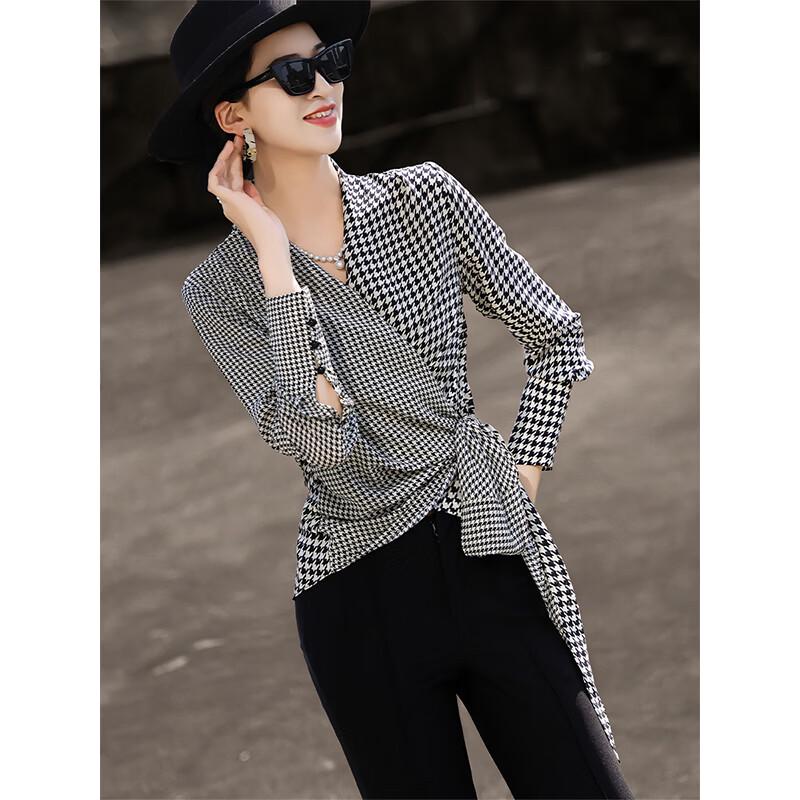 Lansere 2026 Spring V-Neck Houndstooth Blouse