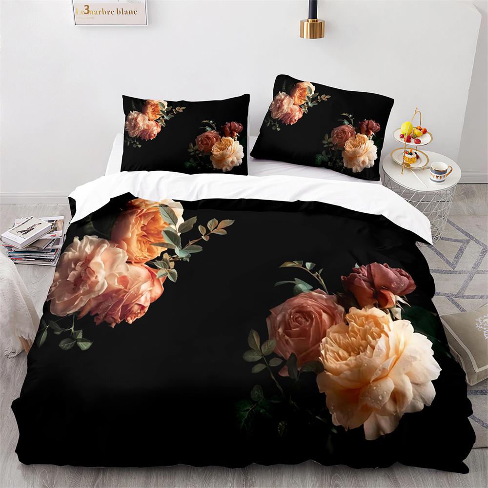 Rote Rose Königin König Bettbezug 3D Schönes Blumen-Thema Bettwäsche-Set Für Frauen Mädchen Romantische Florale Bettdecke Kissenbezug