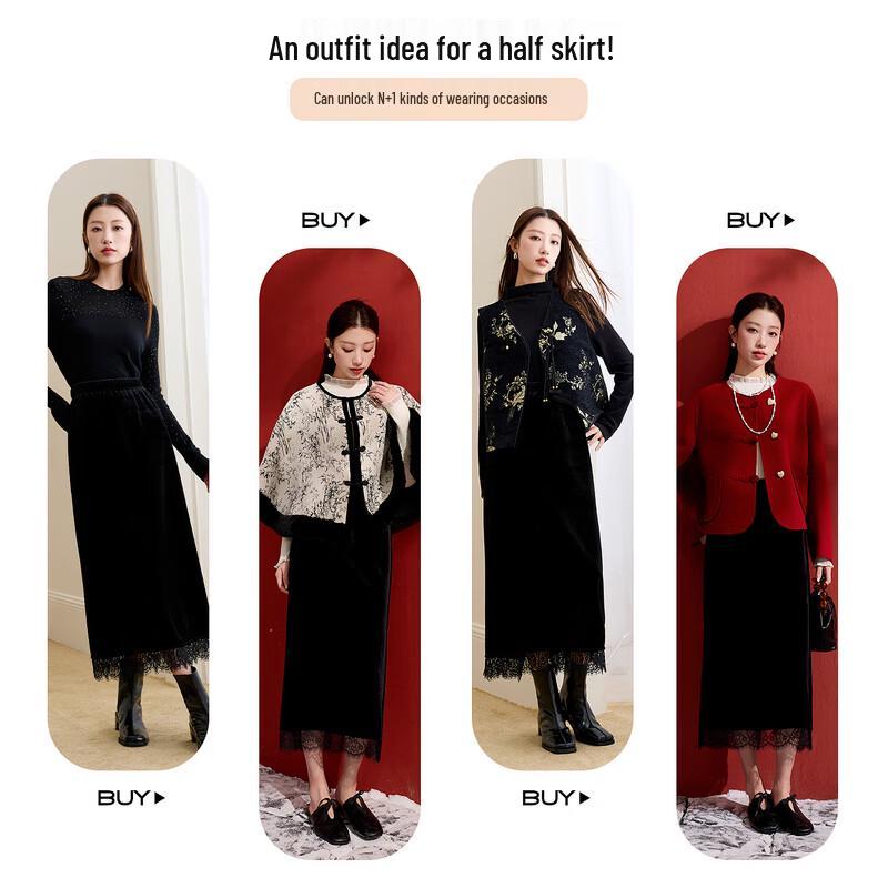 

Sancai 2025 Winter Chinese Style Velvet Straight Midi Skirt L