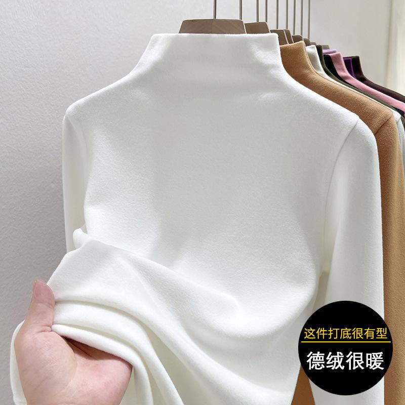 

Autumn and winter new semi-turtleneck German velvet bottoming shirt solid color slim fit thickened warm long-sleeved t-shirt women s clothing S
