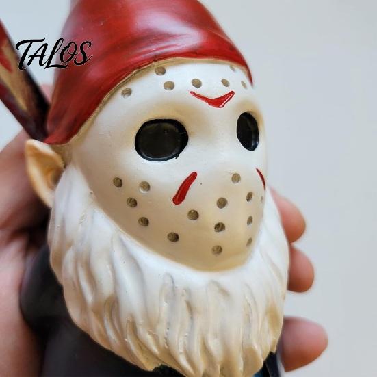 Durable Indoor Window Displays Halloween Voorhees Resin Figurine, Cute Horror Hockey Mask Gnome Statue Outdoor Patio Garden Statues with Knife,