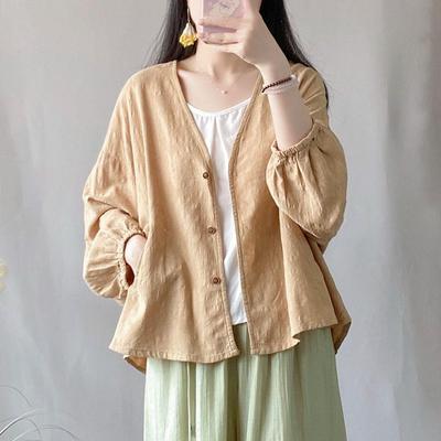 Damen Chinesischer Stil Retro Jacquard Baumwoll-Cardigan - Frühling/Sommer V-Ausschnitt Langarm Übergröße Locker Top