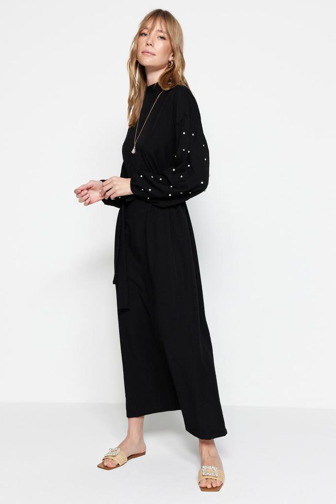 Women's Fashion New Hijab Dress Black Belted Pearl and Stone Detailed Woven Dress