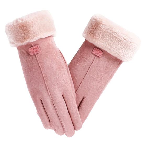 1 Pair Letter Logo Anti-slip Windproof Solid Color Suede Gloves Women Winter Fluffy Cuffs Touch Screen Driving Gloves