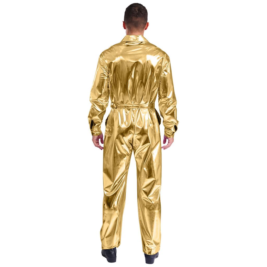 Glanzende Metallic Turn-down Kraag Lange Mouwen Hoge Taille Jumpsuit Heren Halloween Kostuum
