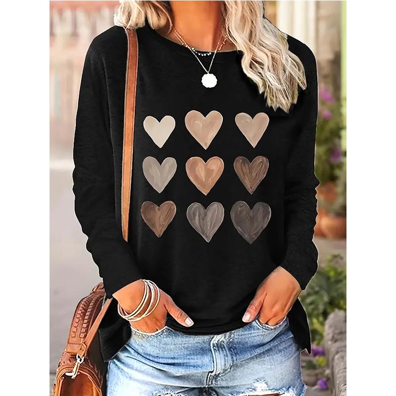 Women All Seasons Long Sleeve T Shirt with Heart Pattern Print Clothes Women's Casual Graphic T-Shirt Gothic Tees Tops Tshirt