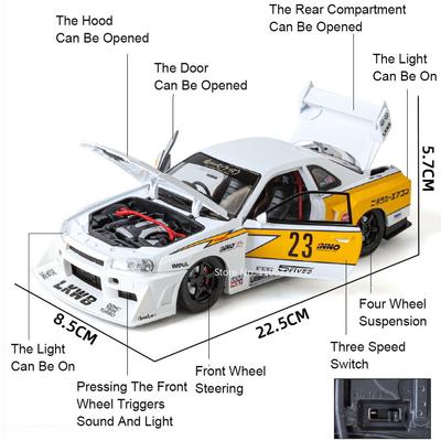 1:24 Metal SKYLINE GTR Models Cars Toys Alloy Diecast 4 Doors Opened Sports Car with Light Sound Vehicles Toy for Kids Gifts