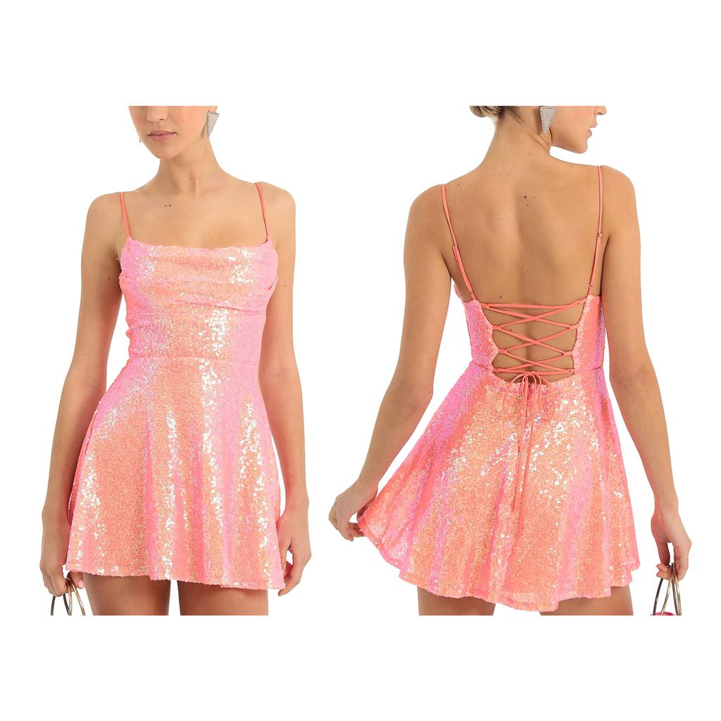 Women Shiny Sequins Dress Summer Backless A-Line Mini Party Dress for Cocktail Beach Streetwear