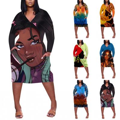Women's Summer Plus Size V Neck Long Sleeve Knee Pocket Casual Dress
