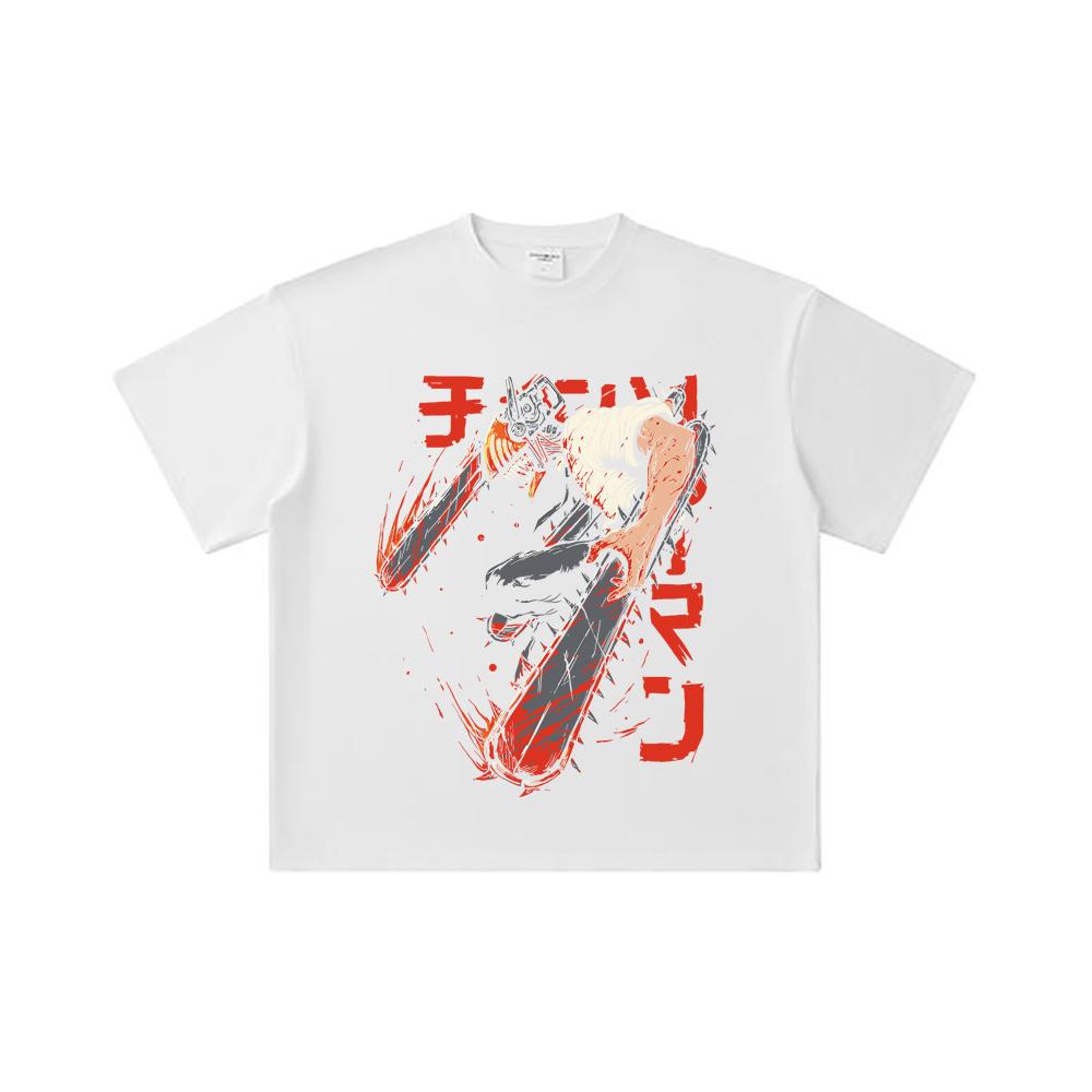 260 GSM Doppelgarn 32er Zählung 100% Baumwolle Chainsaw Man V21 Denji Druck Unisex Schweres Baumwoll-T-Shirt