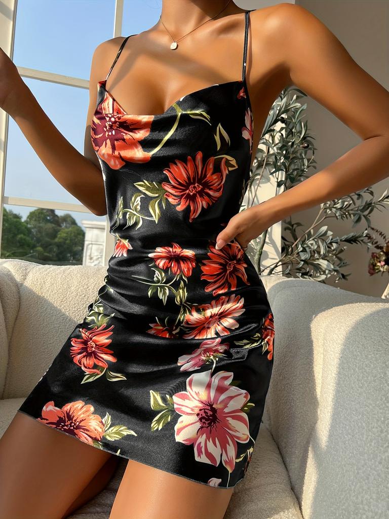 Women's Sexy Short Backless Loungewear Solid Nightgown Summer V-neck Cross Strap Dress Faux Silk Thin Slip Dress