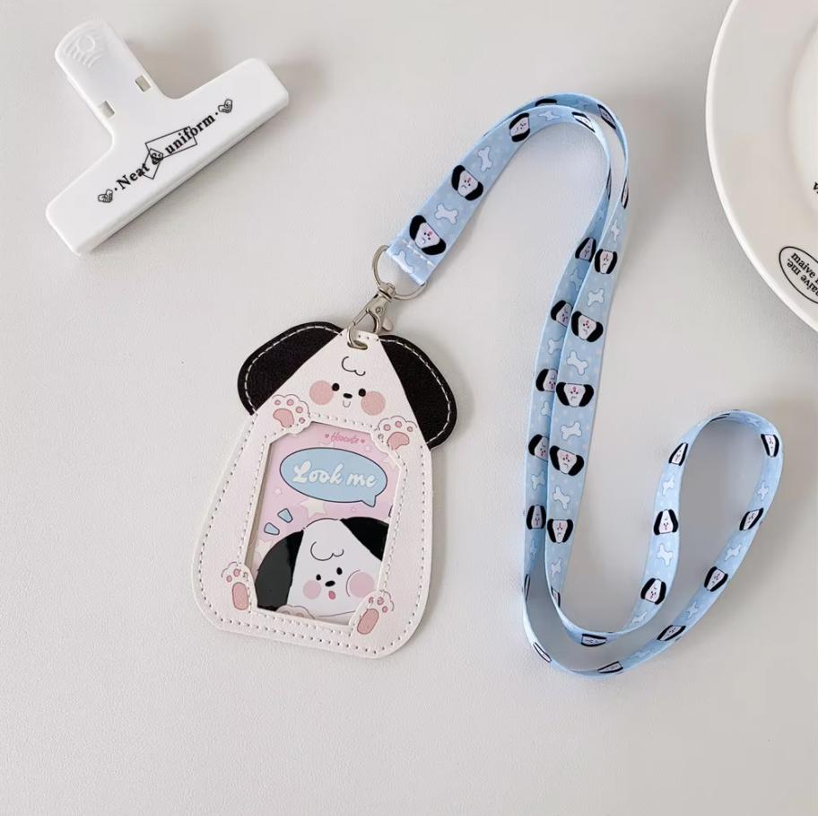 Cartoon Puppy Cat Leather 3inch Cards Cover Neck Strap Lanyard Campus Card Holder For Student