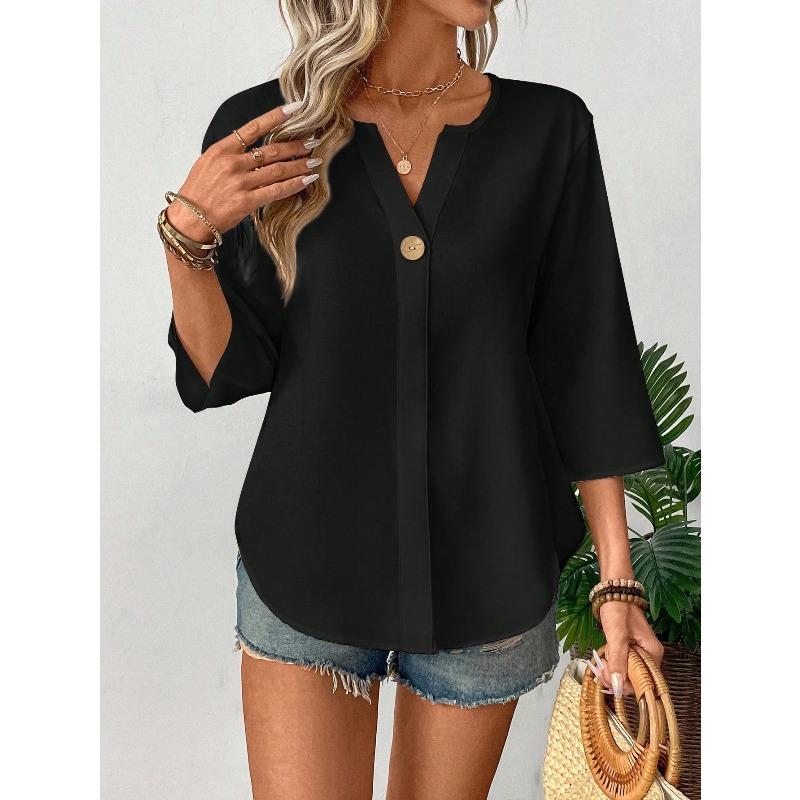 Summer New V-neck Three-quarter Sleeve Loose-fitting Shirt for Women - Solid-colored Striped Casual Business Blouse