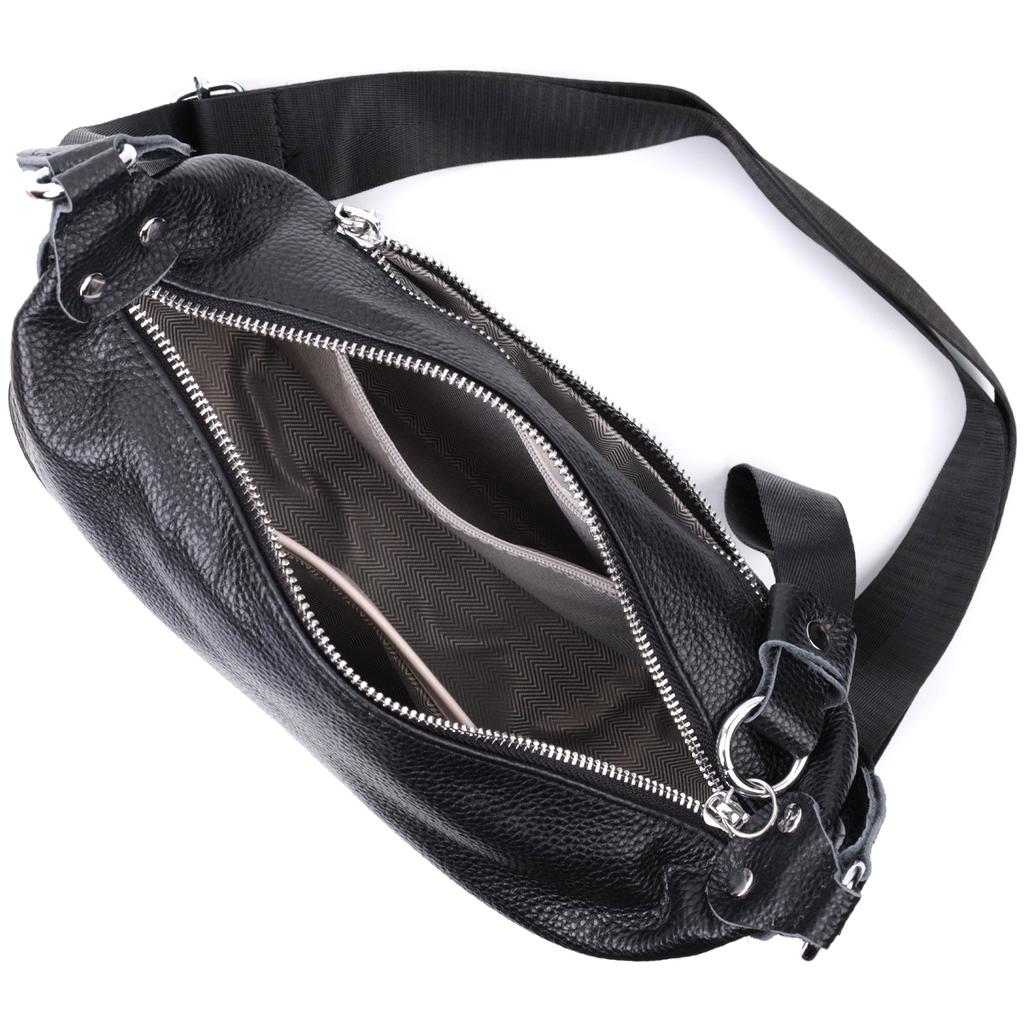 Damen Leder Umhängetasche mit ungewöhnlichem Reißverschlussanhänger Vintage 22615 Schwarz