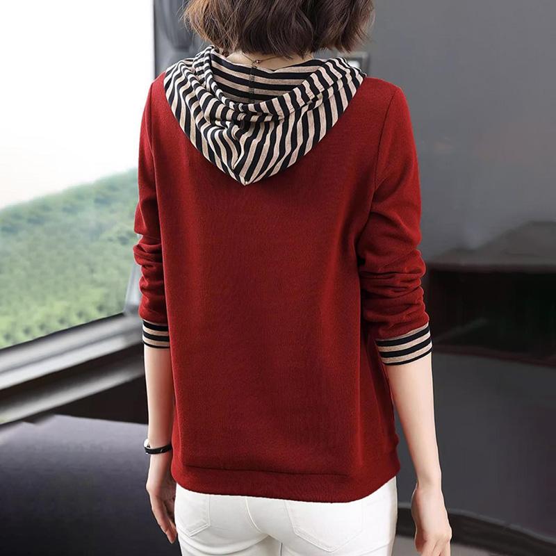 Kapşonlu kazak kadın sonbahar ve kış yanlış iki adet çizgili uzun kollu tişört büyük metre dip gömlek rahat kazak üstleri