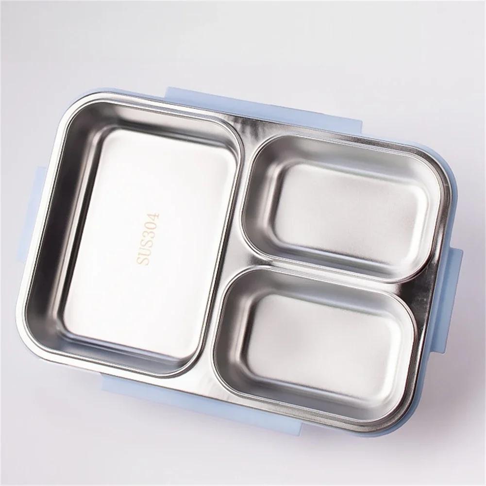 Stainless Steel Lunch Box Kitchen Snack Food Container Lunch Box 24.5x17.5x6cm Three Compartments With Silicone Seals Lids