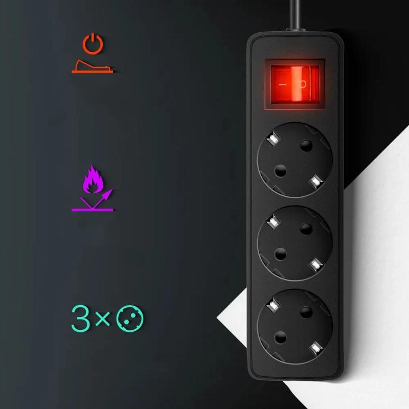 1Pcs Light Switch With Extension Cable 2/3/5 Meters Eu Home Standard German Type Power Strip 3/4/5 Sockets In Row Flat Adapter