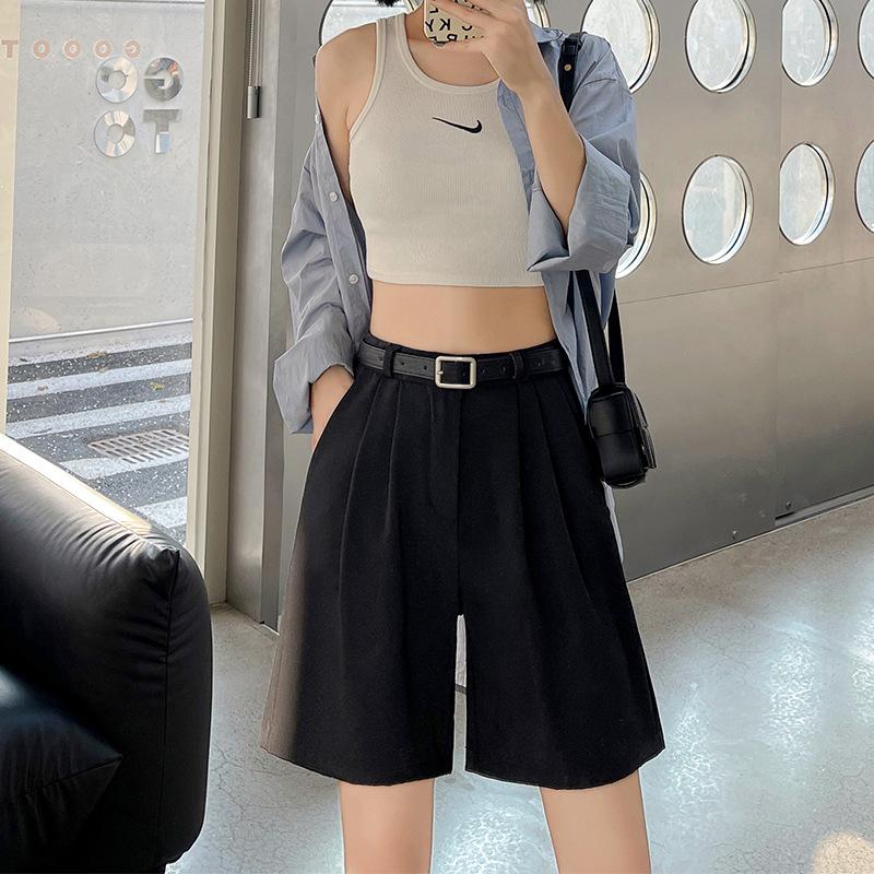Women Summer Solid Color High-Waisted Wide-Leg Casual Suit Shorts Pants