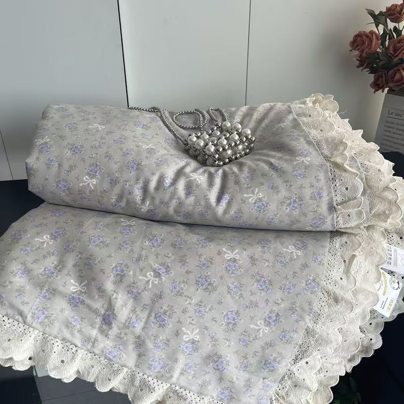 Lace Pure Cotton Quilt 200x230cm Comforter Thin Summer Floral Printed Double Layer Gauze Quilted Blanket Queen Size Bedding