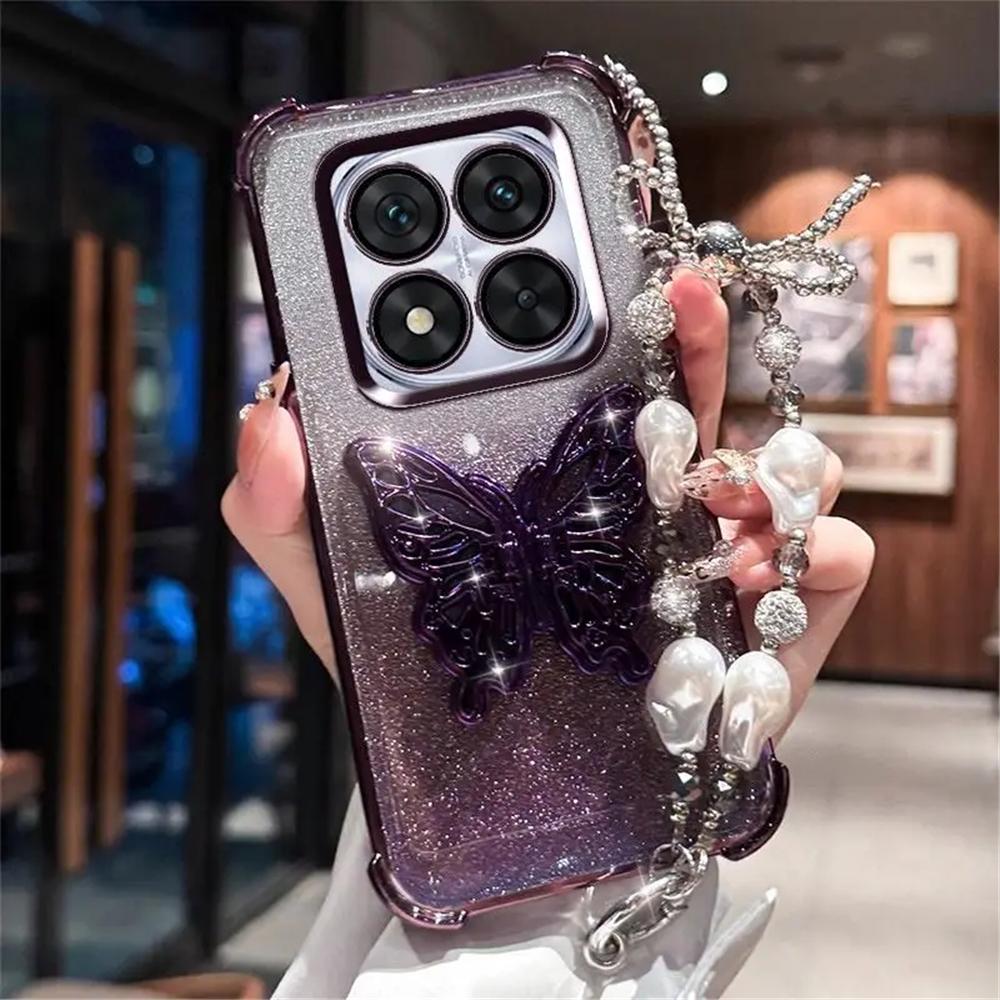 Pearl Bracelet Butterfly Stand Phone Case For Xiaomi Redmi Note 14 Pro 13 14 Pro Plus 14S 4G 5G Glitter Shockproof Silicon Cover
