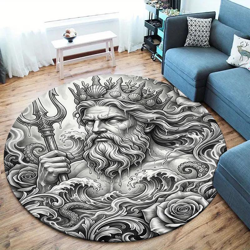 Sketch Truck Whale Poseidon Skeleton Round Area Rug,Carpet Rug for Living Room Bedroom Sofa Playroom Decor,Non-slip Floor Mat