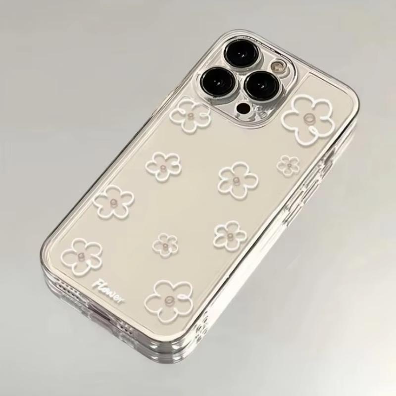 Minimalist White Floral Print Phone Case for iPhone 17 16 15 14 13 12 11 16E Series Pro Max Plus Double Layer Protection