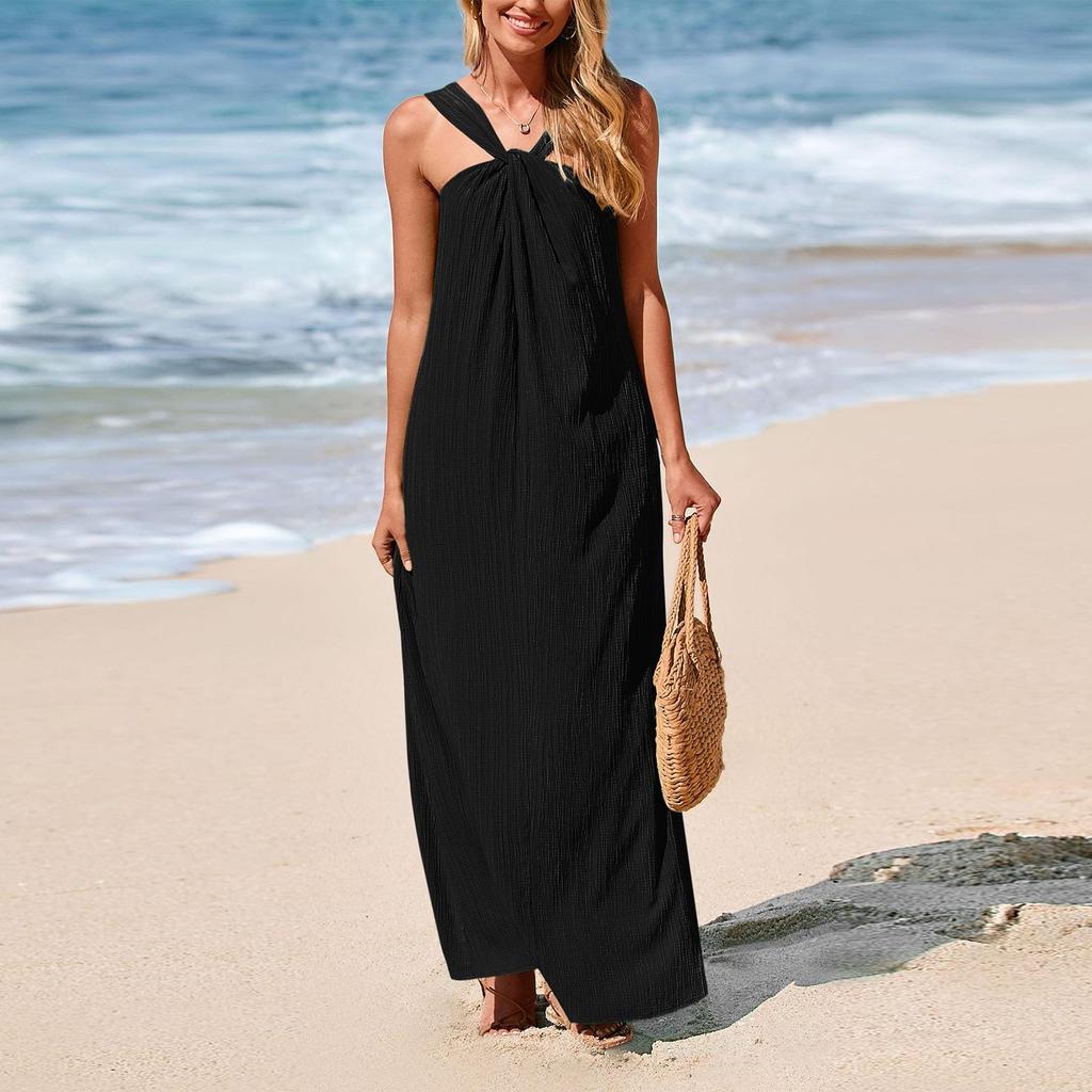 Dámské módní a sexy jednobarevné šaty s výstřihem do V, bez rukávů, na plážovou dovolenou, ležérní
