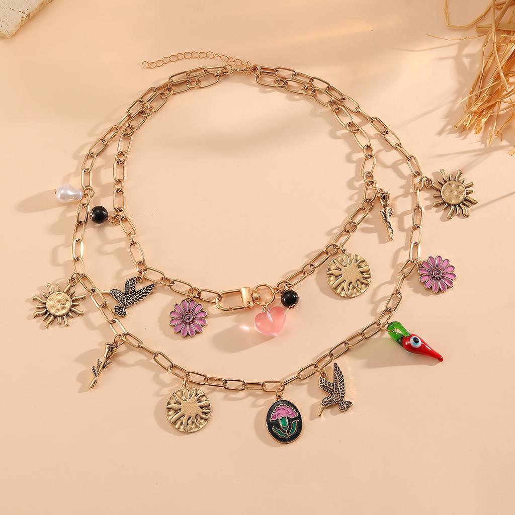 Multilayer Stacked Bird Flower Love Sunflower Accessories Pendant Necklace Summer Beach Women's Clavicle Chain
