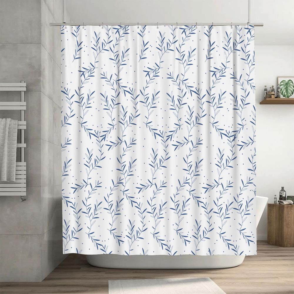 Elegant Blue Leaf Shower Curtain Modern Bath Decor for Bathroom Remodeling Water Resistant Fabric with Hooks (White Navy)