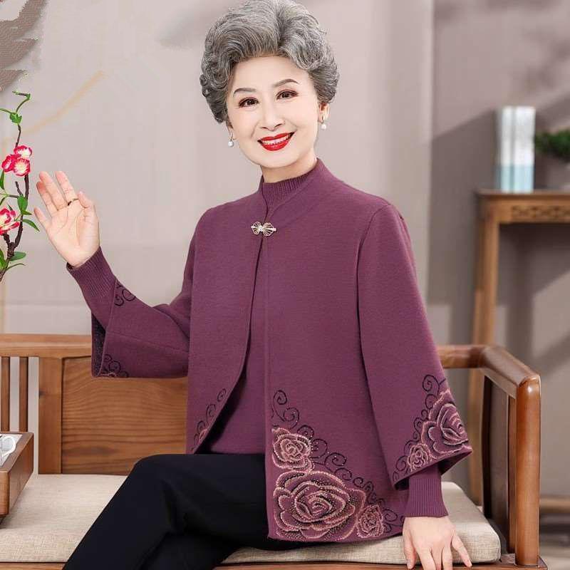 Autumn Knitwear Two-Piece Plus Size Set for Middle-Aged and Elderly Women - Stylish Sweater Outfit for Fashionable Moms & Grandmas.