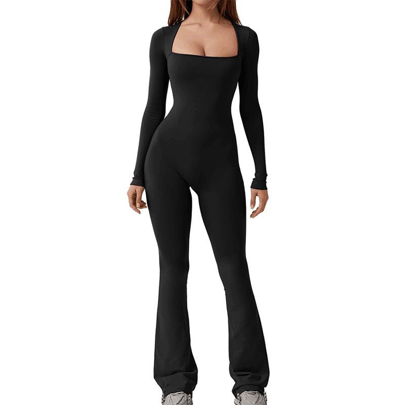 2024 European & American Solid Color Seamless Long Sleeve Yoga Jumpsuit with Flared Pants