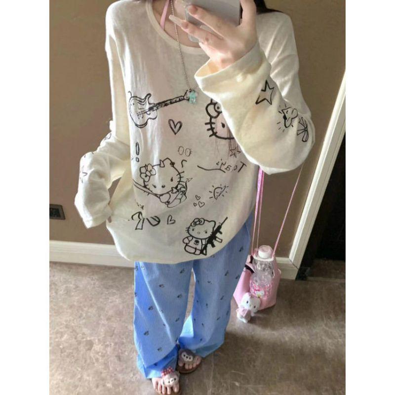 

[Original Fabric] Kitty Cartoon Print T-Shirt, Sun-Protective Slightly Sheer Cover-Up, Lazy Loose Round Neck Long-Sleeve Top Cartoon Kitty S