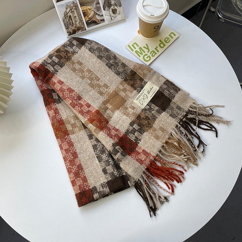 Осень и Зима Контрастный Цвет Гусиная Лапка Клетка Ретро Атмосфера Чувство Цвет Блокированный Кисточка Шарф для Женщин Корейский Стиль Универсальный Студенческий Шарф 200*65cm