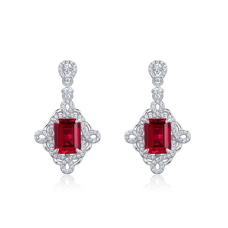 Zhou Hengfu S925 Sterling Silver Ruby Earrings, New Chinese Style, Paved Setting, Light Luxury for Women.